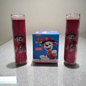 Handmade 3 Pc Paw Patrol Unscented Emergency Glass Pillar 2 Candles & Tissue Box